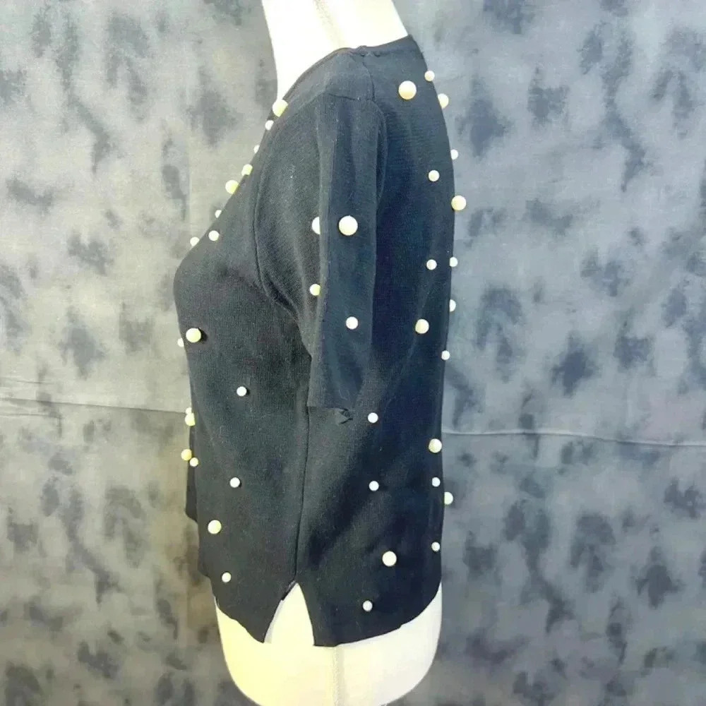Zara Pearl Embellished Black Knit Short Sleeve Top Size S - Picture 3 of 7